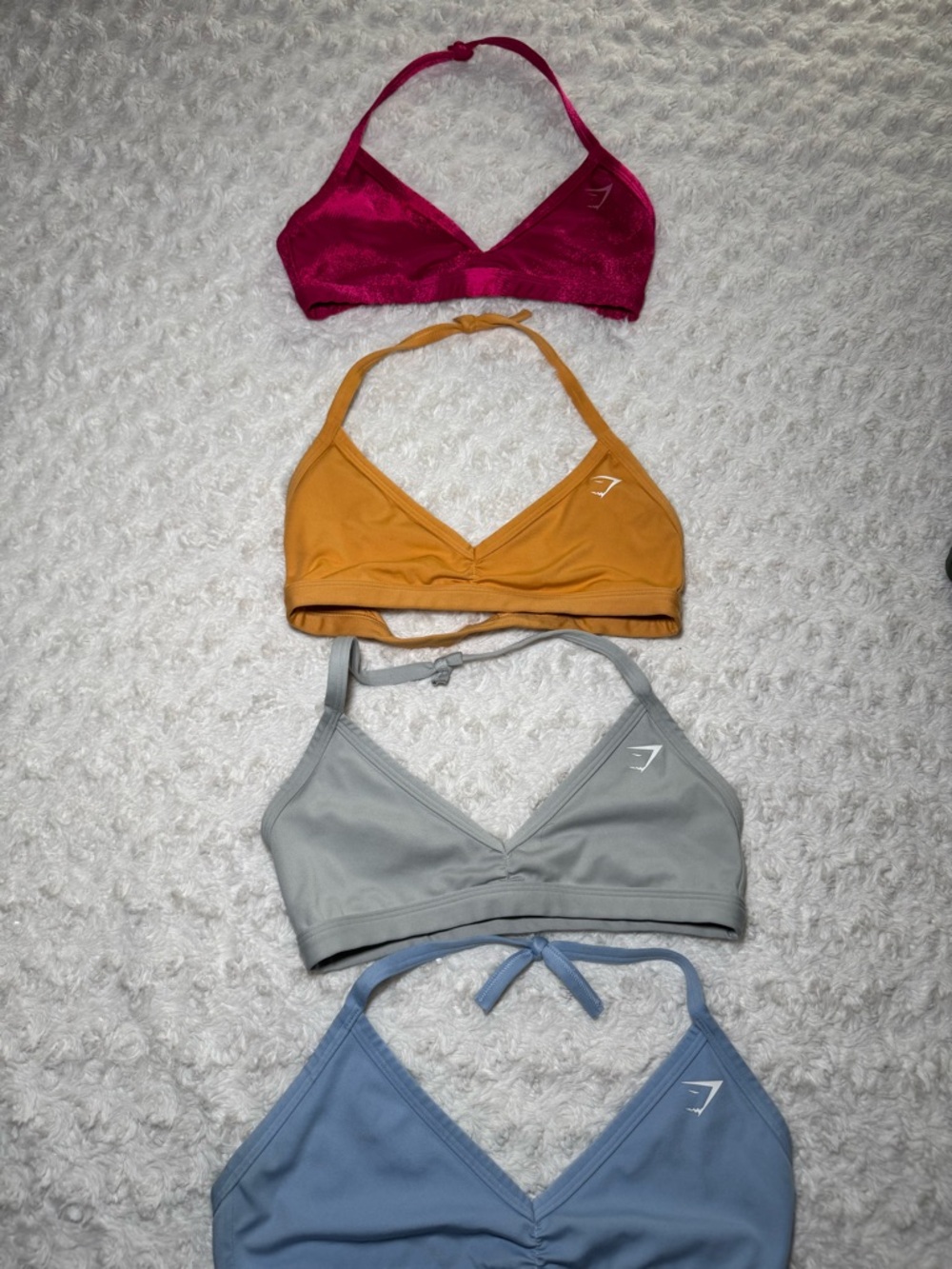 Gymshark Halter Bralette Set — Fuchsia, Mustard, Light Gray, Sky Blue